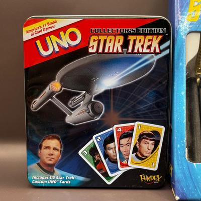 LOT 9P: Star Trek Collectibles - 1998 Star Trek Communicator In Open Box, Playing Cards In Tin, Badge & More