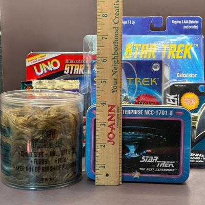 LOT 9P: Star Trek Collectibles - 1998 Star Trek Communicator In Open Box, Playing Cards In Tin, Badge & More