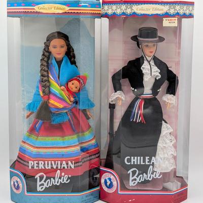 LOT 35P: NRFB Mattel Barbie Collector Editions Peruvian Barbie 1998 ID # 21506 & Chilean Barbie 1997 ID # 18559
