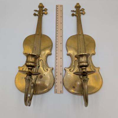 LOt 38D Pair of Vintage Andrea by Sadek Brass Violin Candle Holder Wall Sconce