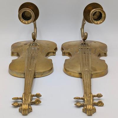 LOt 38D Pair of Vintage Andrea by Sadek Brass Violin Candle Holder Wall Sconce