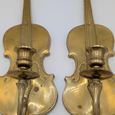 LOt 38D Pair of Vintage Andrea by Sadek Brass Violin Candle Holder Wall Sconce