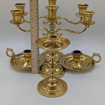 LOT 39D: Collection of Vintage Brass Candle Holders, Two 3 Arm Candelabras, 2 Taper Candle Holders & 1 Pillar Candle Holder
