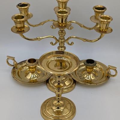 LOT 39D: Collection of Vintage Brass Candle Holders, Two 3 Arm Candelabras, 2 Taper Candle Holders & 1 Pillar Candle Holder
