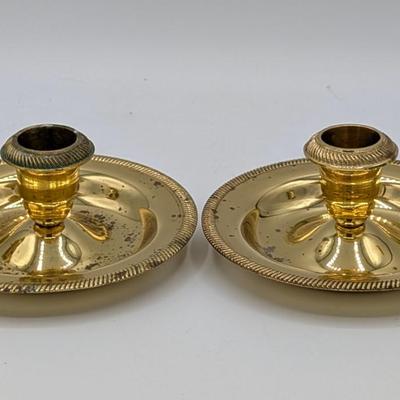 LOT 39D: Collection of Vintage Brass Candle Holders, Two 3 Arm Candelabras, 2 Taper Candle Holders & 1 Pillar Candle Holder