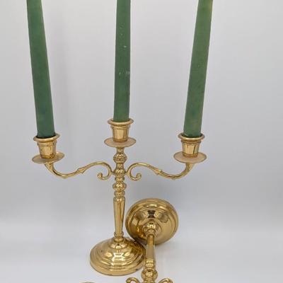 LOT 39D: Collection of Vintage Brass Candle Holders, Two 3 Arm Candelabras, 2 Taper Candle Holders & 1 Pillar Candle Holder