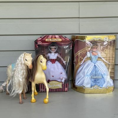 LOT 81P: NRFB Mattel Barbie Doll Walt Disney Cinderella & Mary Poppins 26291 & 23590 & Disney Belle Princess Horse Doll &...