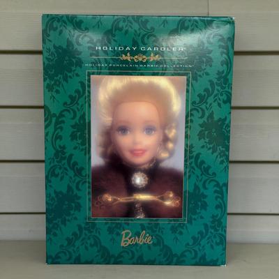 LOT 85P: NRFB Mattel Porcelain Barbie Dolls - Holiday Ball 18326, Holiday Carolers 15760 & Holiday Gift 20128