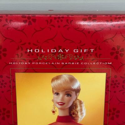 LOT 85P: NRFB Mattel Porcelain Barbie Dolls - Holiday Ball 18326, Holiday Carolers 15760 & Holiday Gift 20128