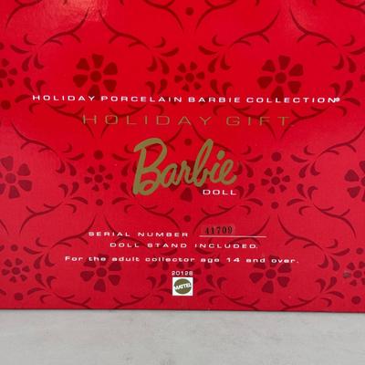 LOT 85P: NRFB Mattel Porcelain Barbie Dolls - Holiday Ball 18326, Holiday Carolers 15760 & Holiday Gift 20128