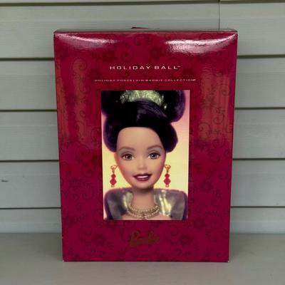 LOT 85P: NRFB Mattel Porcelain Barbie Dolls - Holiday Ball 18326, Holiday Carolers 15760 & Holiday Gift 20128
