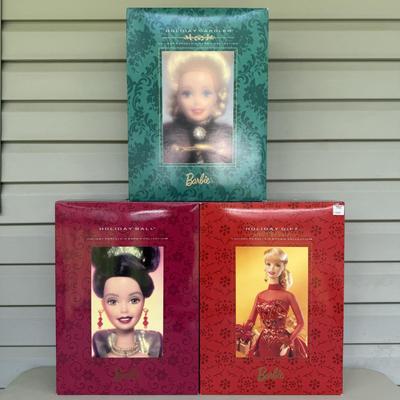LOT 85P: NRFB Mattel Porcelain Barbie Dolls - Holiday Ball 18326, Holiday Carolers 15760 & Holiday Gift 20128