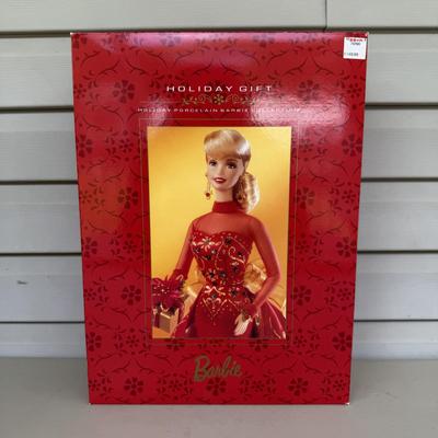 LOT 85P: NRFB Mattel Porcelain Barbie Dolls - Holiday Ball 18326, Holiday Carolers 15760 & Holiday Gift 20128