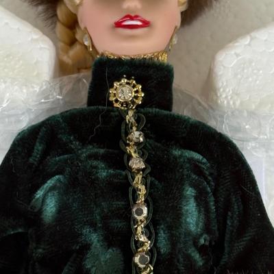 LOT 85P: NRFB Mattel Porcelain Barbie Dolls - Holiday Ball 18326, Holiday Carolers 15760 & Holiday Gift 20128