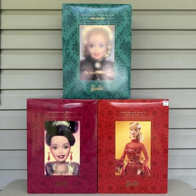 LOT 85P: NRFB Mattel Porcelain Barbie Dolls - Holiday Ball 18326, Holiday Carolers 15760 & Holiday Gift 20128