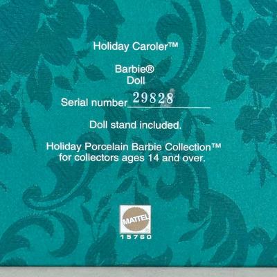 LOT 85P: NRFB Mattel Porcelain Barbie Dolls - Holiday Ball 18326, Holiday Carolers 15760 & Holiday Gift 20128