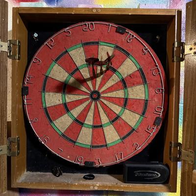 LOT 88B: Marlboro Country Wooden Dartboard Cabinet w/ Dartboard, Darts & More