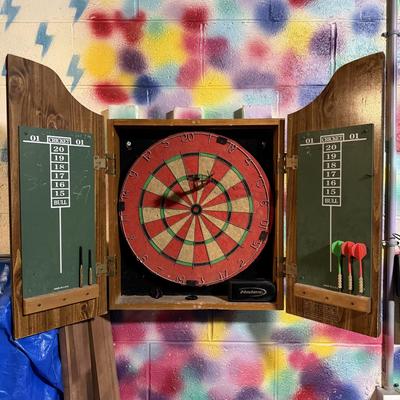 LOT 88B: Marlboro Country Wooden Dartboard Cabinet w/ Dartboard, Darts & More