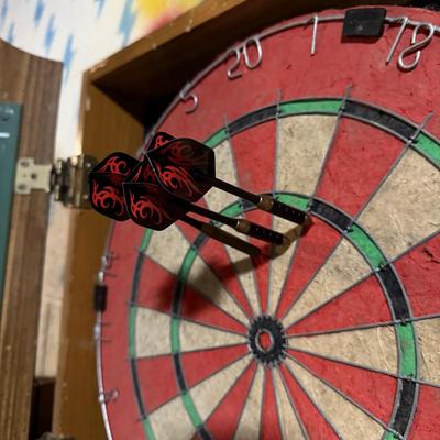 LOT 88B: Marlboro Country Wooden Dartboard Cabinet w/ Dartboard, Darts & More