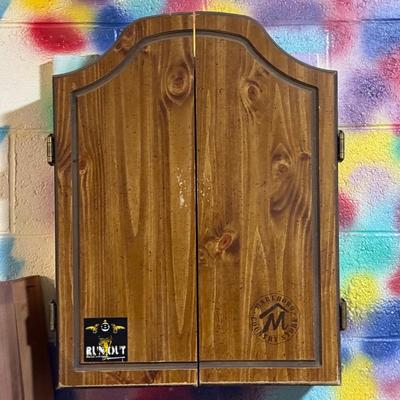 LOT 88B: Marlboro Country Wooden Dartboard Cabinet w/ Dartboard, Darts & More