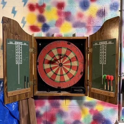 LOT 88B: Marlboro Country Wooden Dartboard Cabinet w/ Dartboard, Darts & More