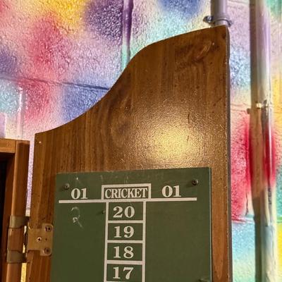 LOT 88B: Marlboro Country Wooden Dartboard Cabinet w/ Dartboard, Darts & More