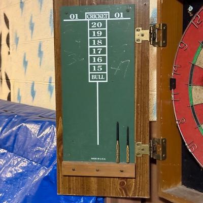 LOT 88B: Marlboro Country Wooden Dartboard Cabinet w/ Dartboard, Darts & More