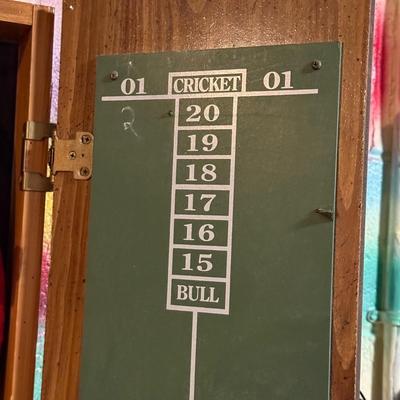 LOT 88B: Marlboro Country Wooden Dartboard Cabinet w/ Dartboard, Darts & More