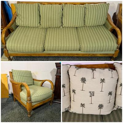 LOT 90B: Beautiful Vintage Wooden Frame Sofa w/ Matching Chair
