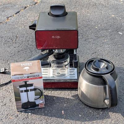 LOT 105G: Mr. Coffee Espresso/Cappuccino Maker With Accessories Model: BVM-ECM260R, Untested, 12 oz. French Press Coffee Maker & Mr....