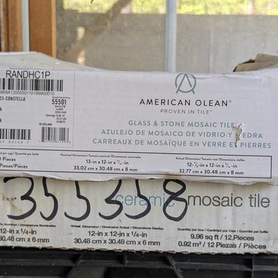 LOT 110G: Opened Boxes of Assorted Wall/Backsplash Ceramic-Mosaic Tiles, Grout Bag & Tiler Sealer Container
