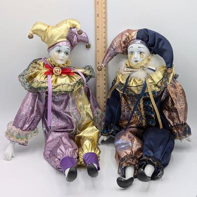 LOT 112D: Vintage Pierrot & Unbranded Jester Dolls With Porcelain Hands & Feet