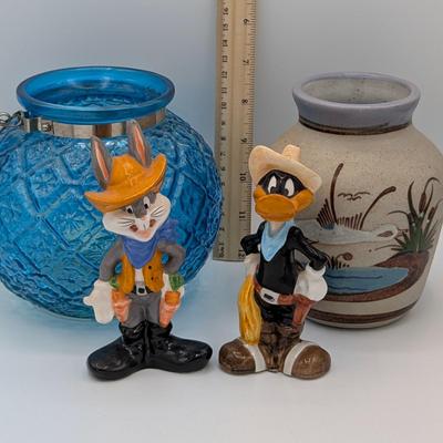 LOT 113D: Eh...What's Up Doc? Vintage Bugs & Daffy Salt/Pepper Shakers With A Handmade Signed Mexican Pottery Vase, Along with A...
