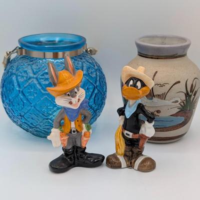 LOT 113D: Eh...What's Up Doc? Vintage Bugs & Daffy Salt/Pepper Shakers With A Handmade Signed Mexican Pottery Vase, Along with A...
