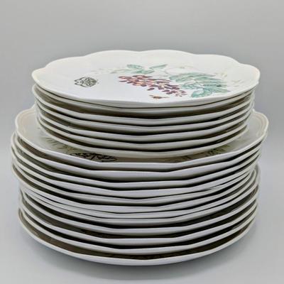 LOT 114D: Lenox Butterfly Meadow Patterns, 12 Dinner Plates & 7 Bread/Salad Plates, Plate Stands Not Included