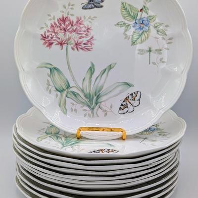 LOT 114D: Lenox Butterfly Meadow Patterns, 12 Dinner Plates & 7 Bread/Salad Plates, Plate Stands Not Included