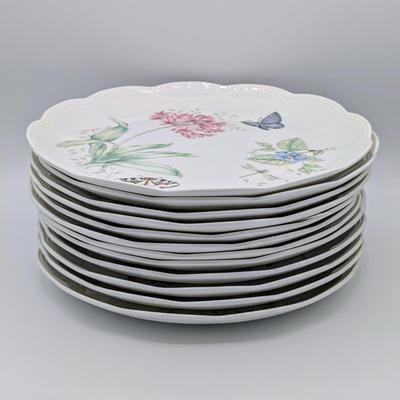 LOT 114D: Lenox Butterfly Meadow Patterns, 12 Dinner Plates & 7 Bread/Salad Plates, Plate Stands Not Included