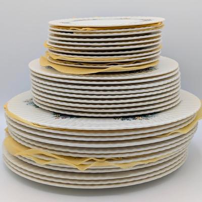 LOT 125D: Rutledge by Lenox, Made In USA, 12 Dinner, 9 Salad & 11 Bread Plates With Storage Containers. Plate Stands Not Included