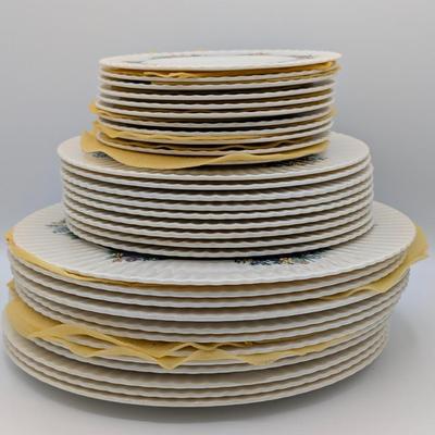 LOT 125D: Rutledge by Lenox, Made In USA, 12 Dinner, 9 Salad & 11 Bread Plates With Storage Containers. Plate Stands Not Included