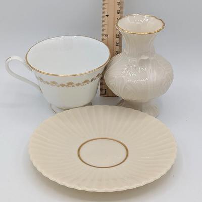 LOT 116D: Lenox Gold Trim Bud Vase & Saucer Plates Made In USA With Gold Accented Cups, Oxford Bone China Milburn Made In USA. Plate...
