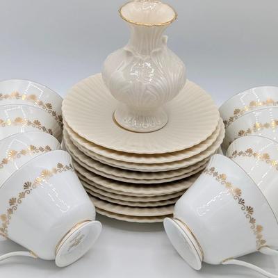 LOT 116D: Lenox Gold Trim Bud Vase & Saucer Plates Made In USA With Gold Accented Cups, Oxford Bone China Milburn Made In USA. Plate...