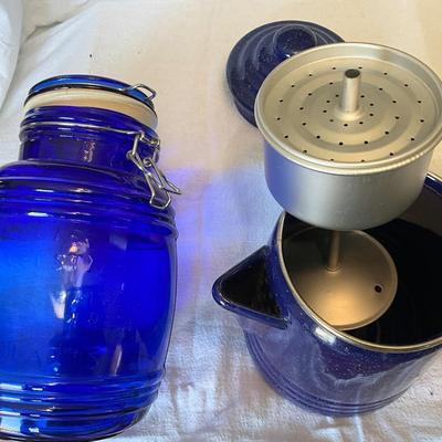 NEW Blue enamel Coffee Percolator 9cup, w. Blue 1 1/2 quart Cracker Barrel for Flour/sugar/Cookies