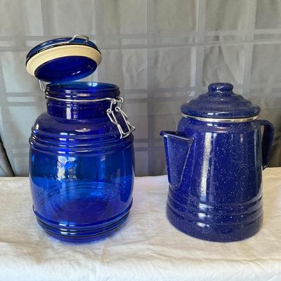 NEW Blue enamel Coffee Percolator 9cup, w. Blue 1 1/2 quart Cracker Barrel for Flour/sugar/Cookies