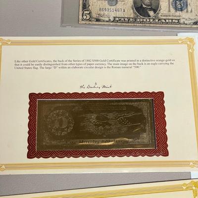 1934 Five Dollar Bill, Uncut $2 Bills, $500 Gold Certificate (ST-SS)