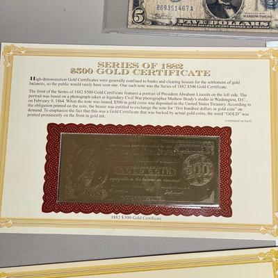 1934 Five Dollar Bill, Uncut $2 Bills, $500 Gold Certificate (ST-SS)