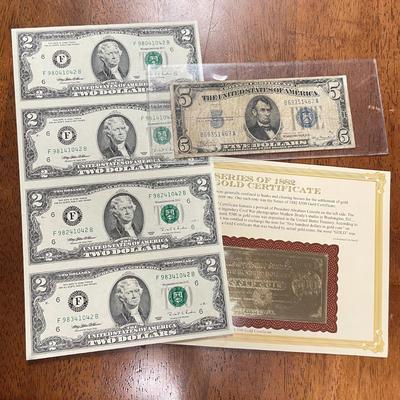 1934 Five Dollar Bill, Uncut $2 Bills, $500 Gold Certificate (ST-SS)