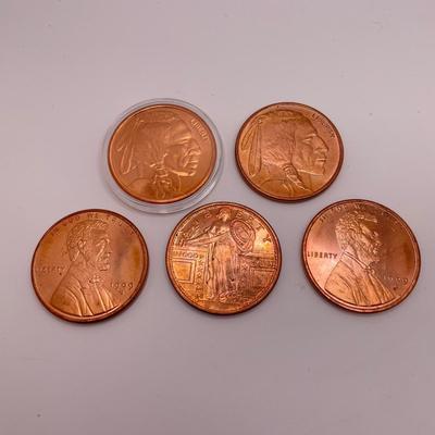 Five 1oz .999 Fine Copper Coins (ST-SS)