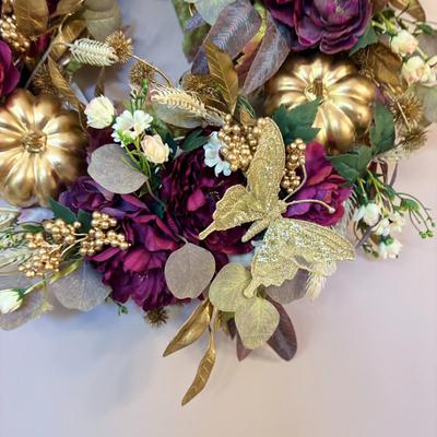 Fall Wreath with Pumpkins and Butterflies in Warm Tones
