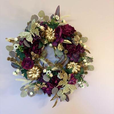 Fall Wreath with Pumpkins and Butterflies in Warm Tones