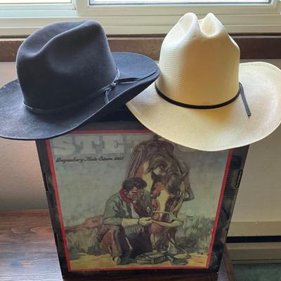Stetson Hat plus Size 7 3/8 is shown on one of the hats